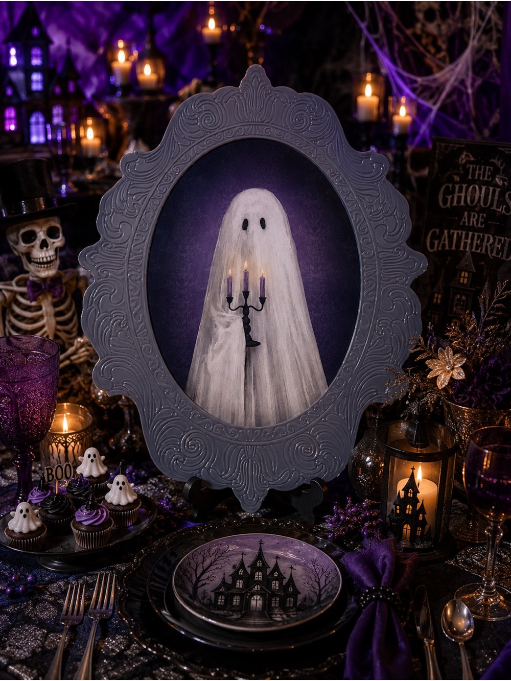 NWT HallowHome Ghost Candelabra Halloween Platter 22” Purple Gothic